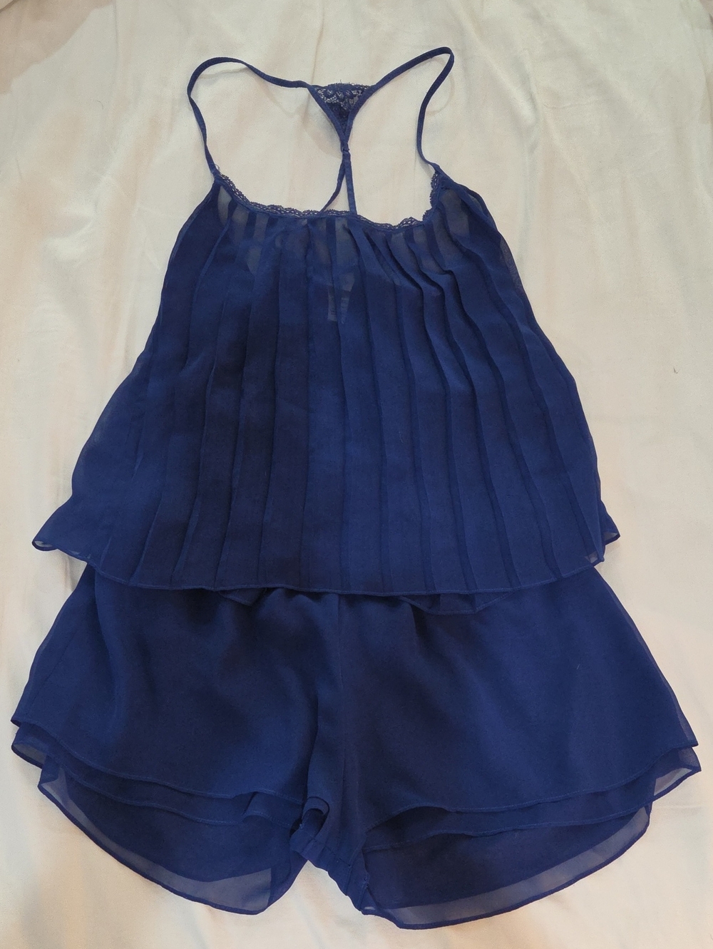 In Bloom Royal Blue Pleated Lace-Back Cami & Shorts Set